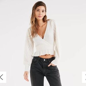 UO Delilah Pointelle Ruffle Surplice Sweater